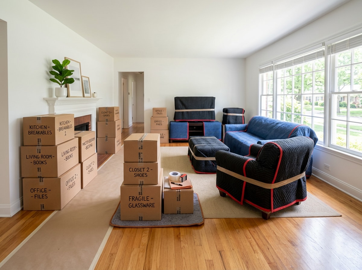 Neatly labeled moving boxes and furniture wrapped in moving blankets staged in a Lewisville living room before a flat-fee move