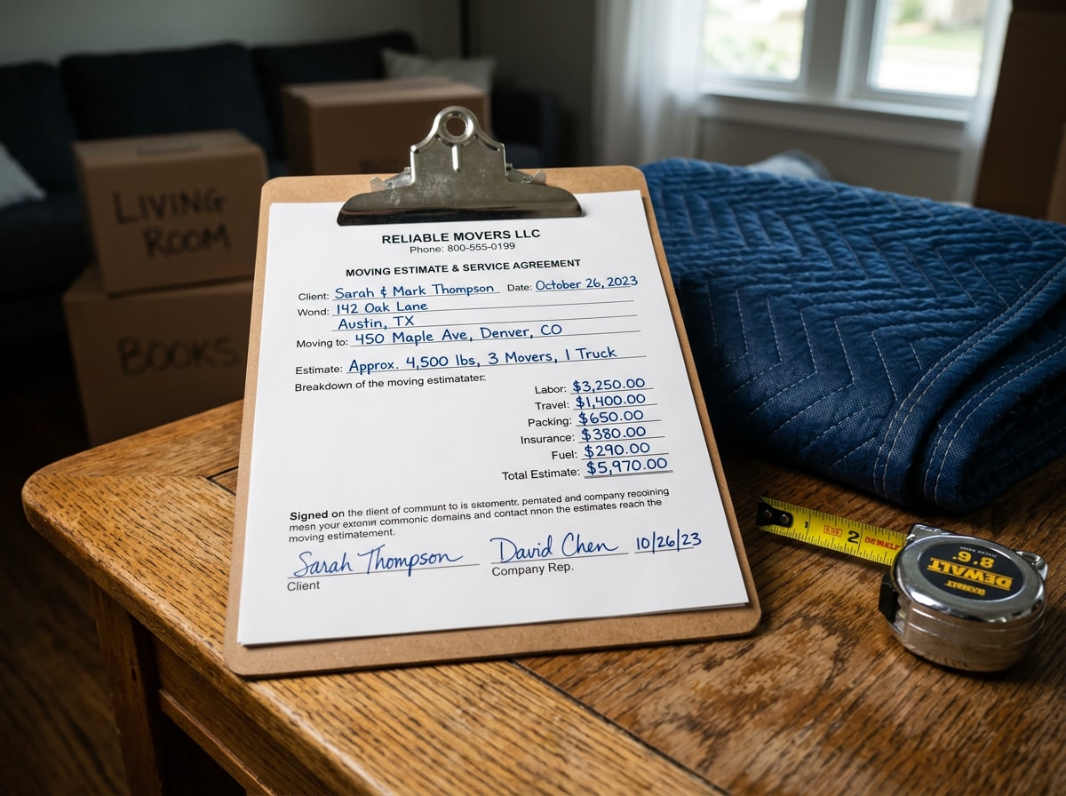 Close-up of a signed written moving estimate on a clipboard next to a tape measure and folded moving blanket