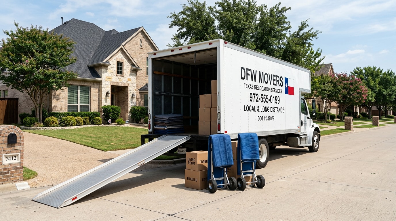 Moving truck with ramp extended outside a suburban Lewisville, TX home