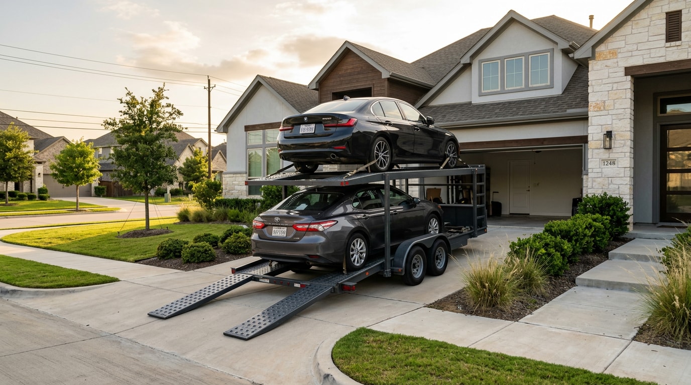 Car carrier trailer loaded with vehicles for relocation in a McKinney, TX neighborhood