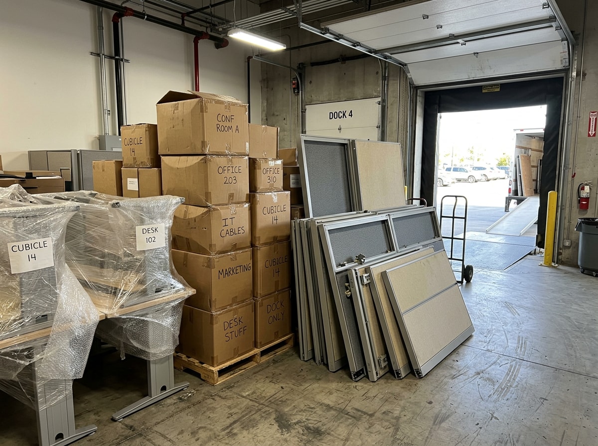 Wrapped office furniture staged near a loading dock before a corporate relocation