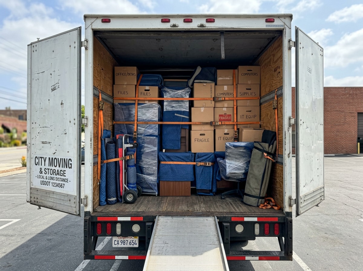 Moving crew loading a commercial truck with wrapped office equipment and labeled boxes