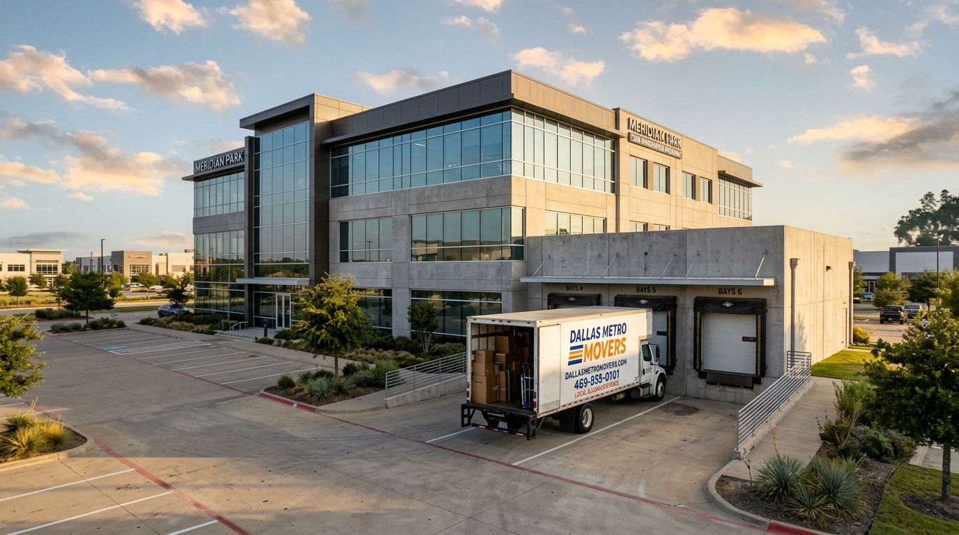 Moving truck parked at a commercial office building loading dock in Lewisville, TX