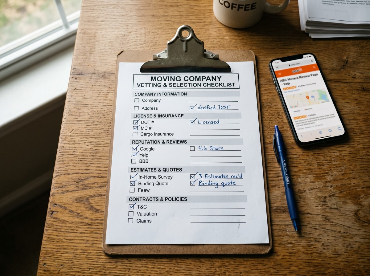 simple moving company vetting checklist graphic for Arlington, TX movers