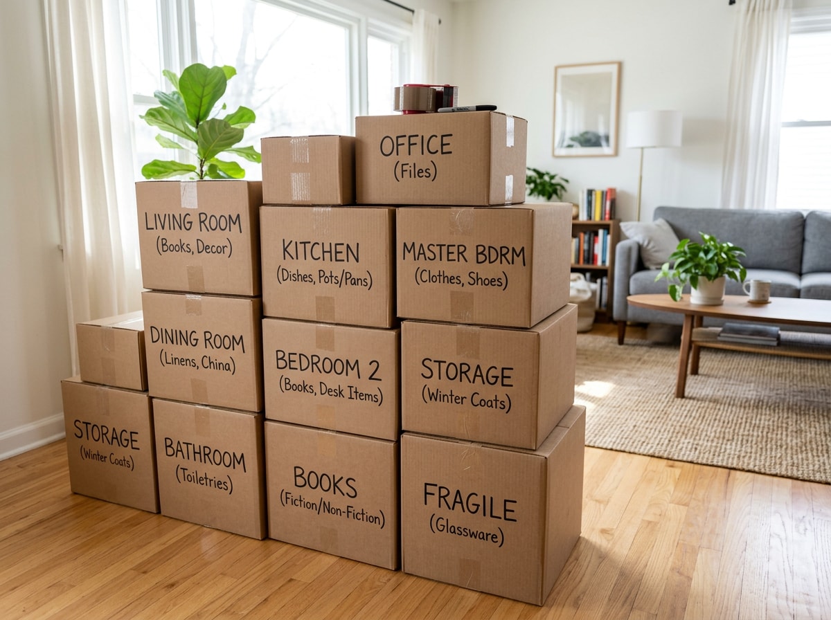 pre-packed, labeled moving boxes ready for a fast load-out