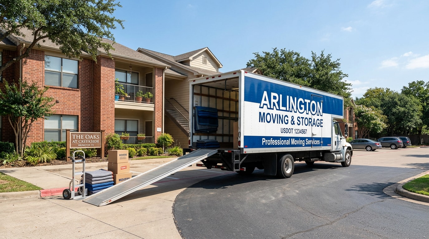 moving truck staged for a fast same-day move outside an Arlington, TX apartment complex