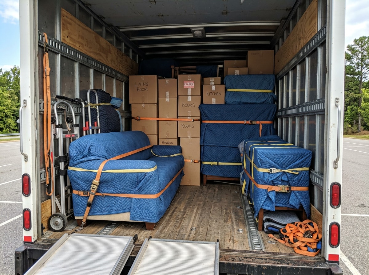 Moving crew wrapping and loading furniture into a truck for a full-service residential move