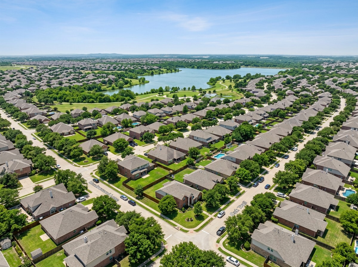 Aerial view of a Grand Prairie, TX residential neighborhood near Joe Pool Lake