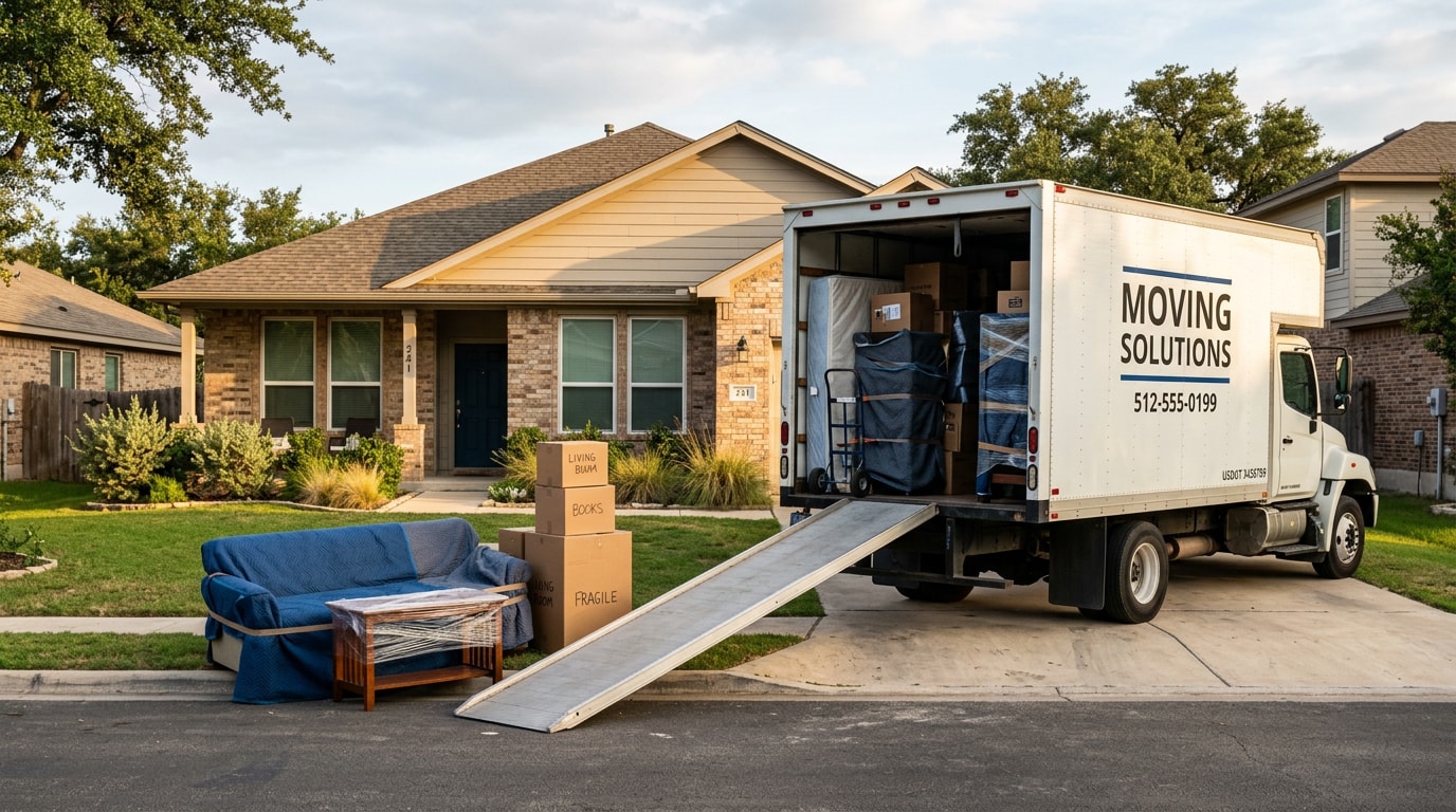 Loaded moving truck parked outside a suburban home in Grand Prairie, TX