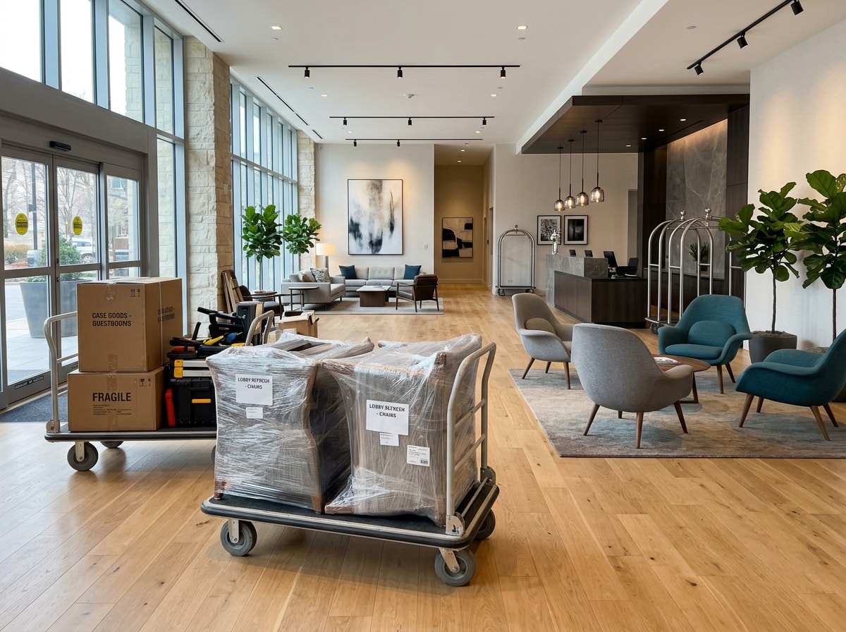 Hotel lobby furniture being installed by a moving crew