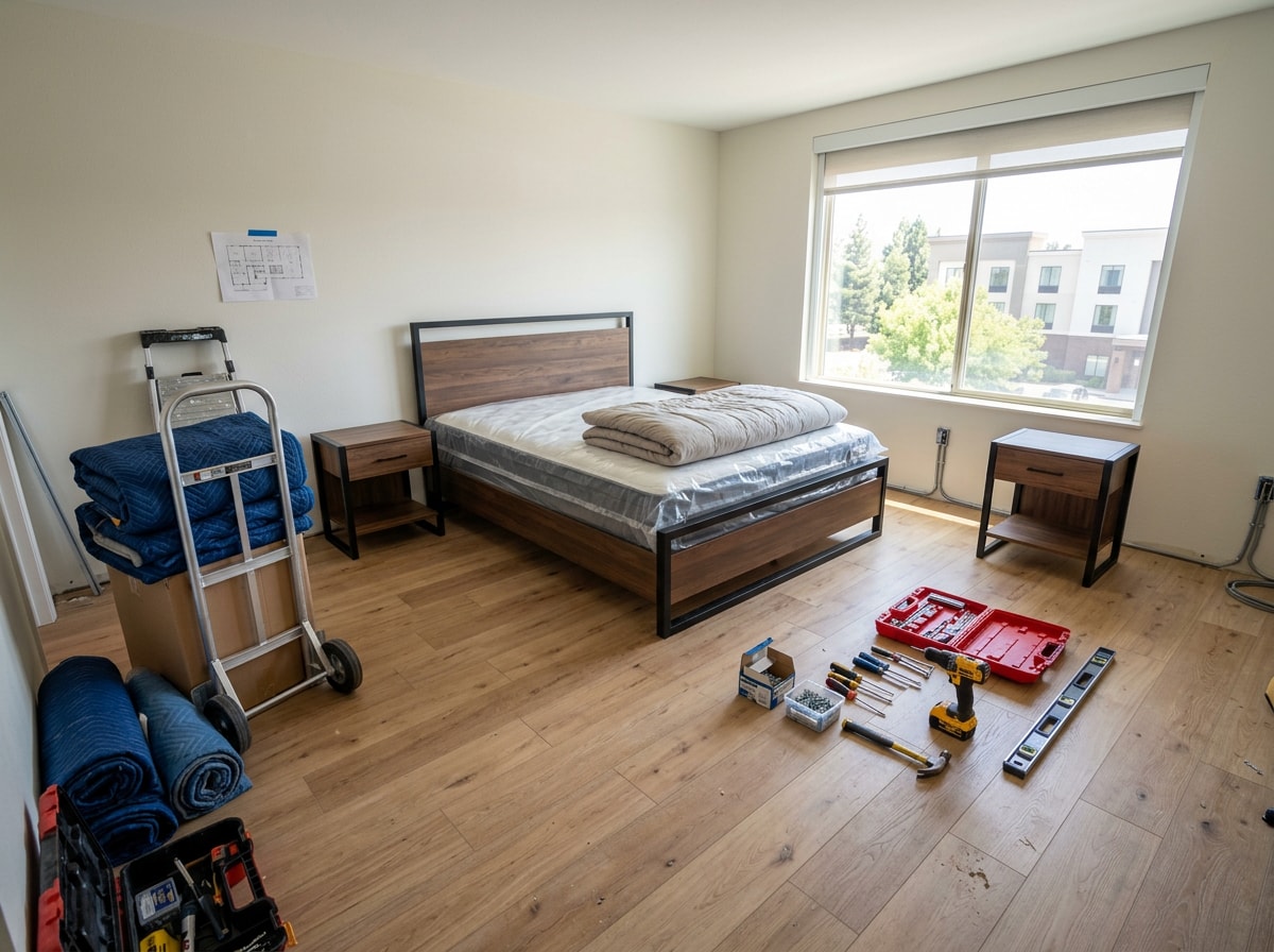 Installation crew setting up guest room furniture in a hotel being renovated