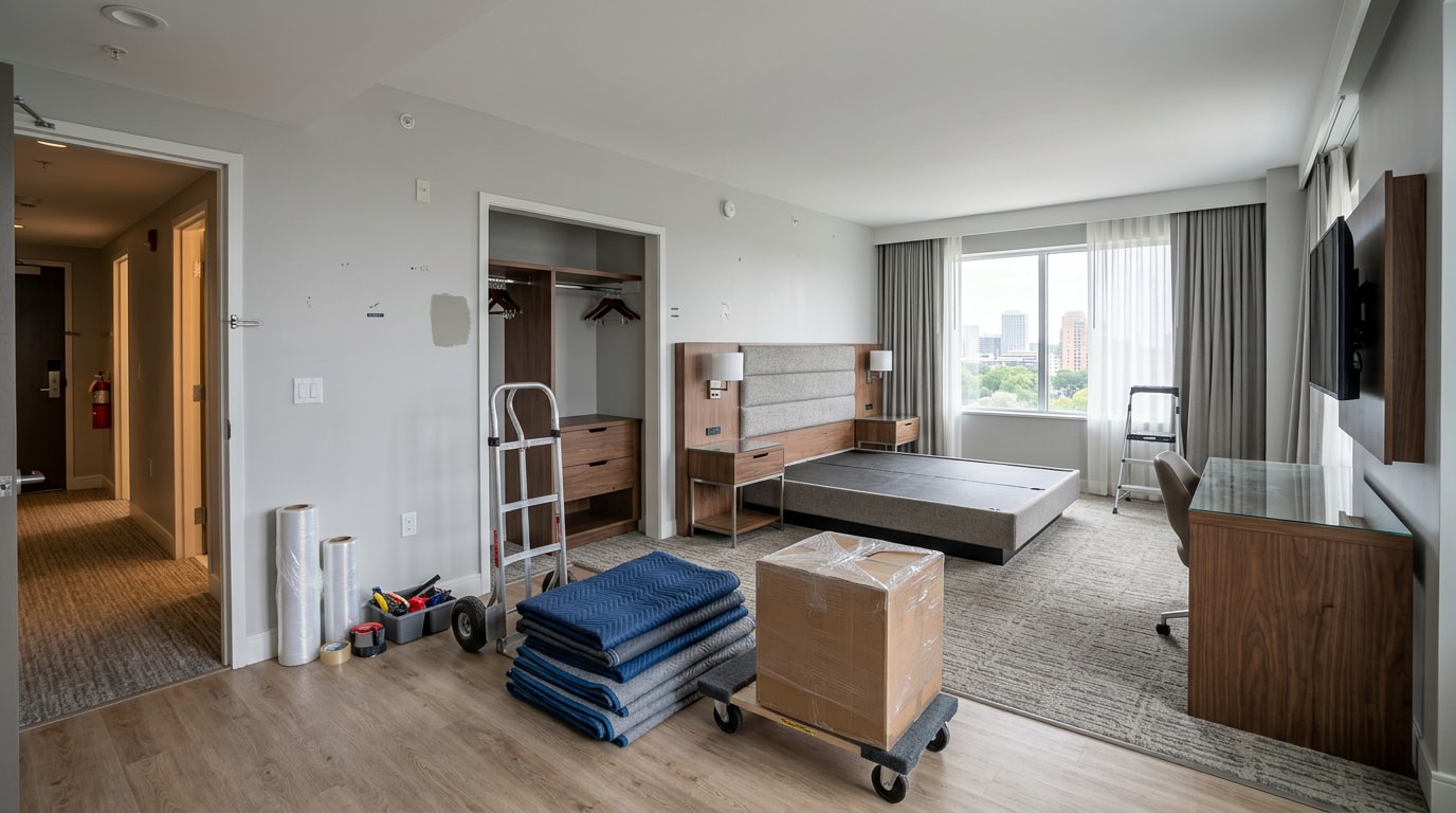 Hotel guest room during FF&E installation with new furniture and moving equipment staged Hotel guest room during FF&E installation with new furniture and moving equipment staged