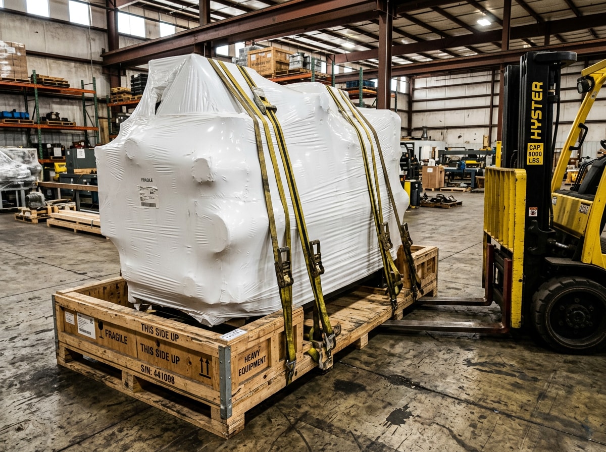 Crated industrial equipment being rigged and loaded for relocation in Grapevine, TX
