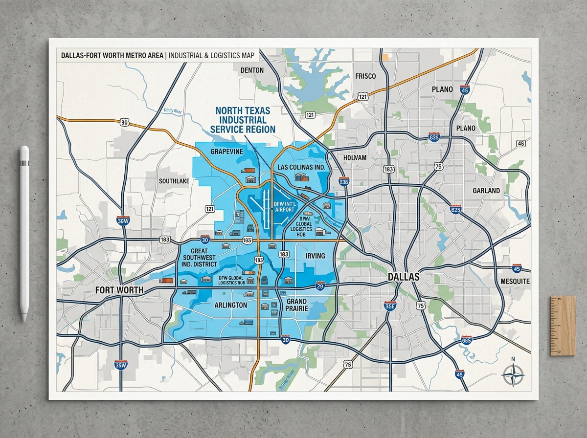 Map of the DFW industrial relocation service area surrounding Grapevine, TX