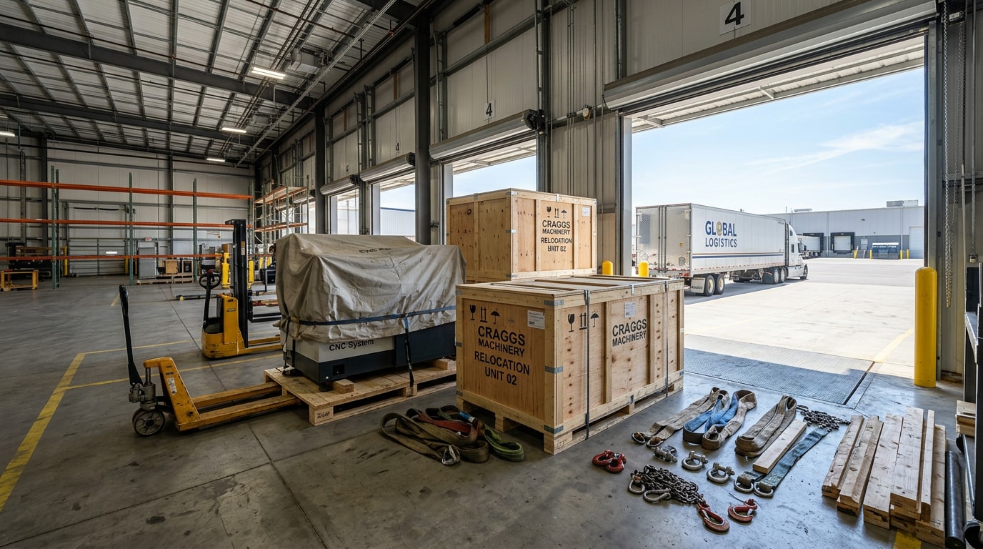 Industrial relocation loading dock with crated machinery staged for transport in Grapevine, TX