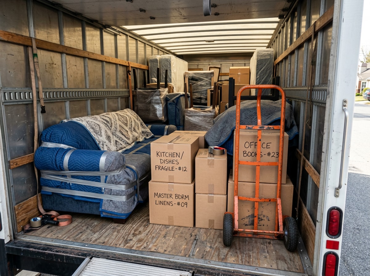 Moving crew loading a residential moving truck in North Richland Hills Texas