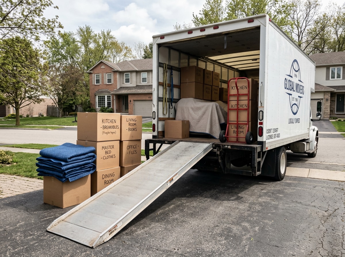 Moving crew loading boxes and furniture into a truck during a same-day residential move