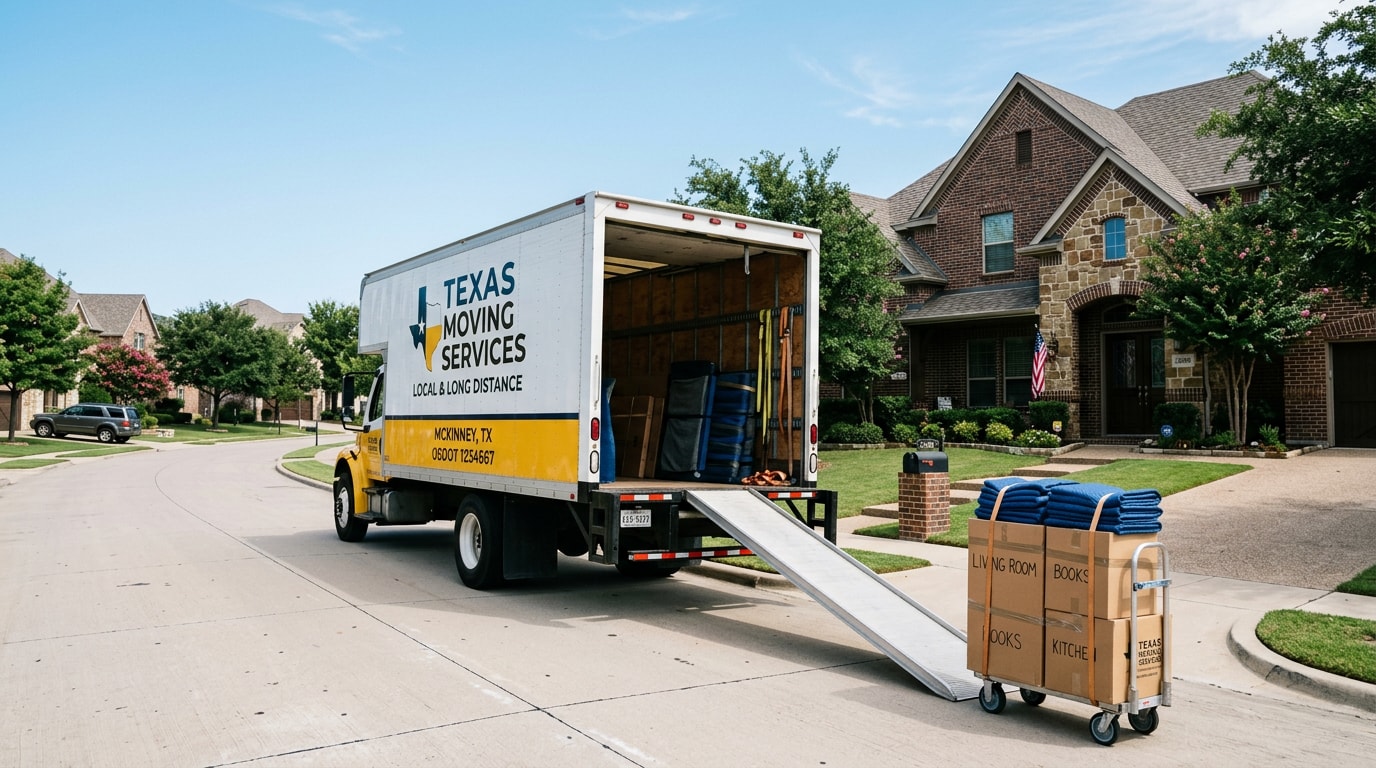 Moving truck and packed boxes outside a McKinney, TX home