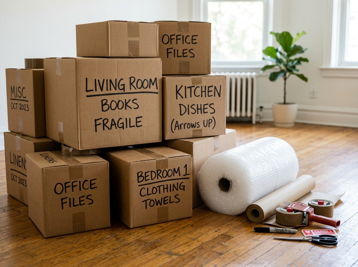 Stacked moving boxes and protective packing materials staged for a full-service pack
