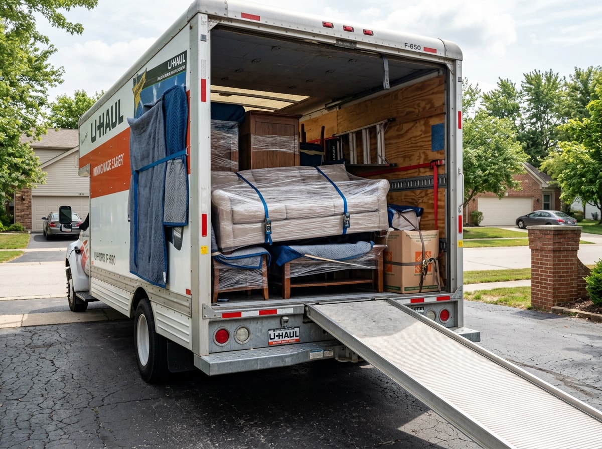 Fully wrapped furniture and shrink-wrapped sofa loaded into a moving truck, ready for transport