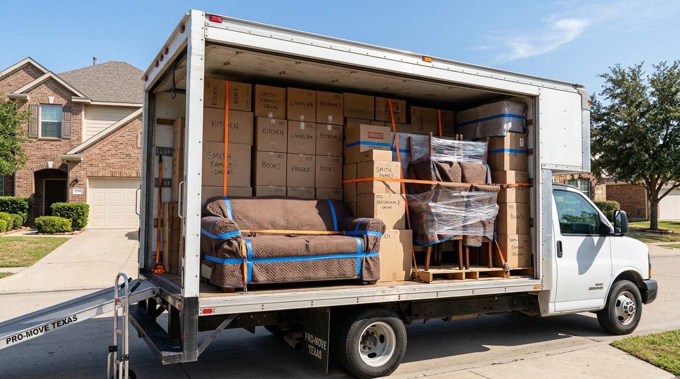 Moving truck loaded with professionally packed boxes and wrapped furniture in Grand Prairie, TX Moving truck loaded with professionally packed boxes and wrapped furniture in Grand Prairie, TX