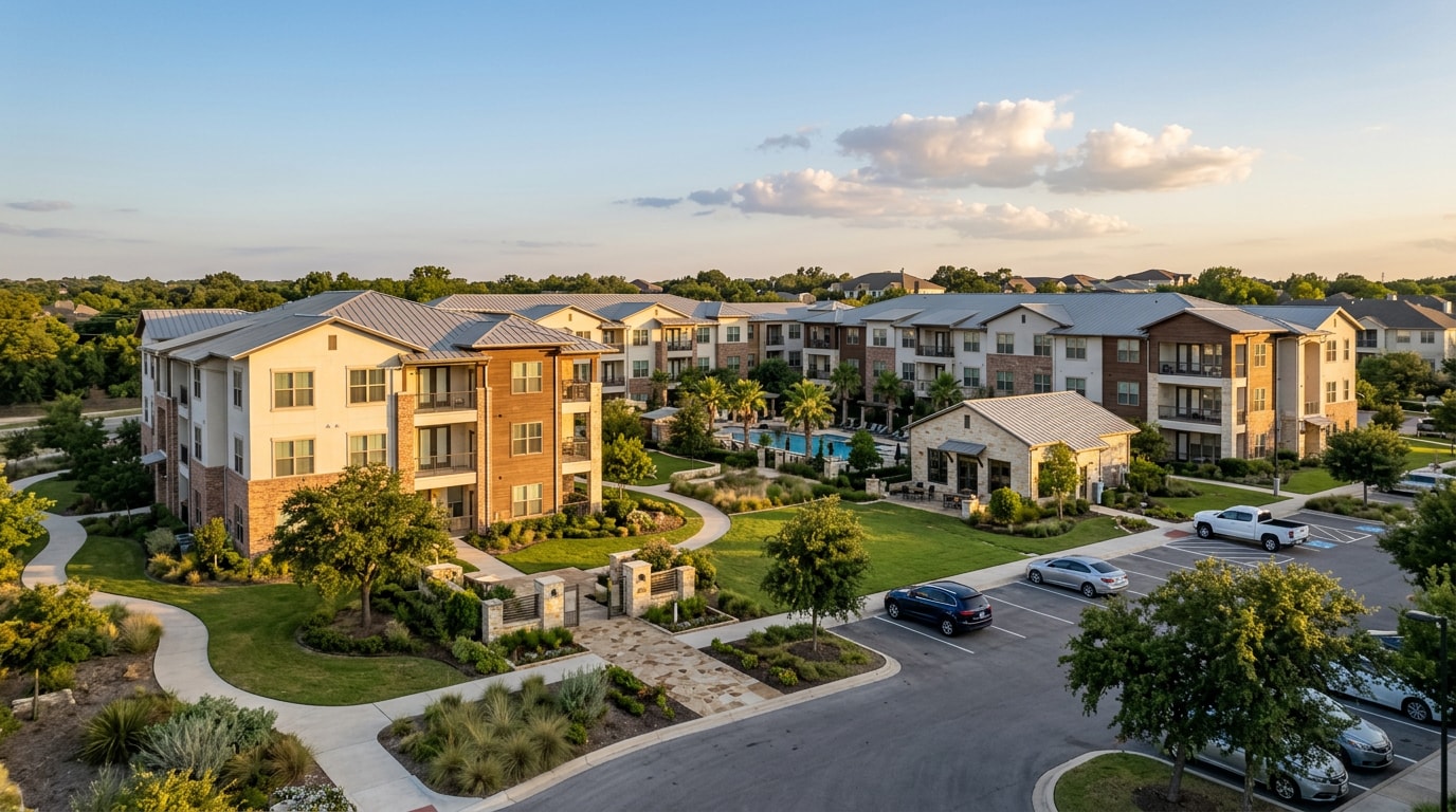 Modern apartment community exterior in North Richland Hills, TX Modern apartment community exterior in North Richland Hills, TX