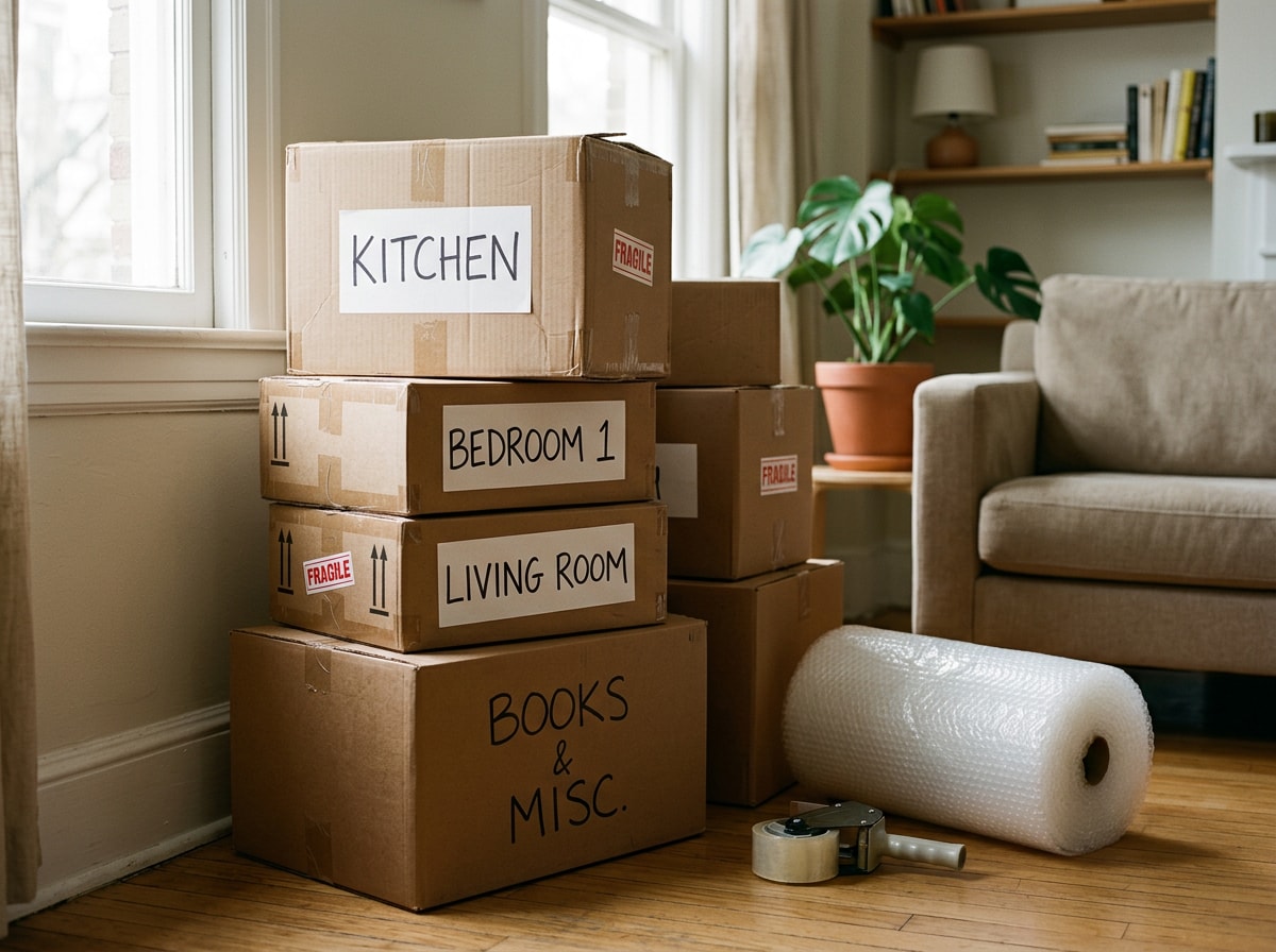 Labeled moving boxes stacked and ready for an apartment move in Plano, TX