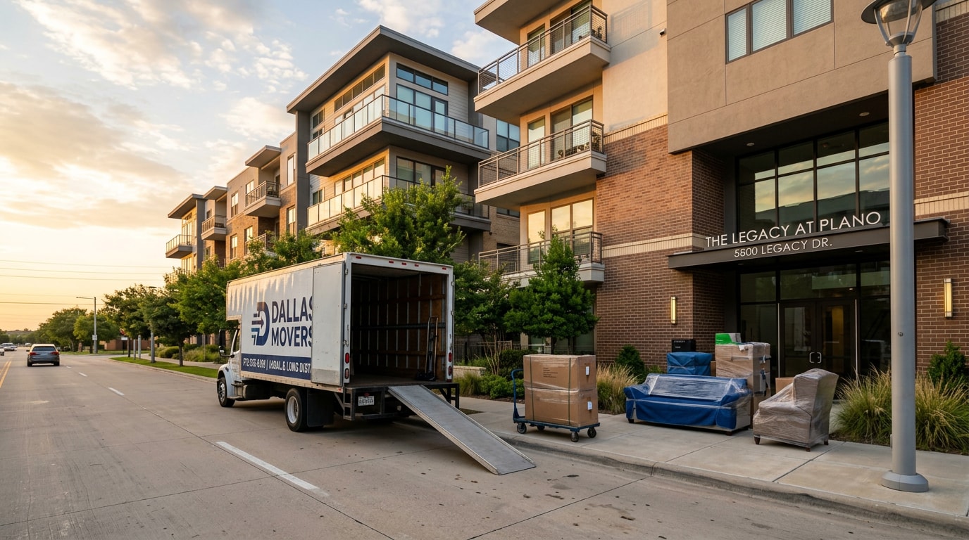 Moving truck parked outside a modern apartment building in Plano, TX during a resident move