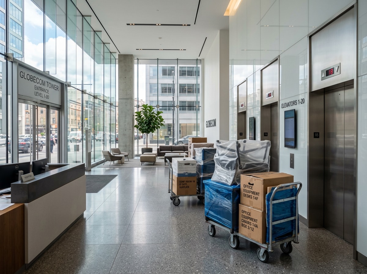 Moving crew carrying office furniture out of a commercial high-rise lobby in Irving, TX