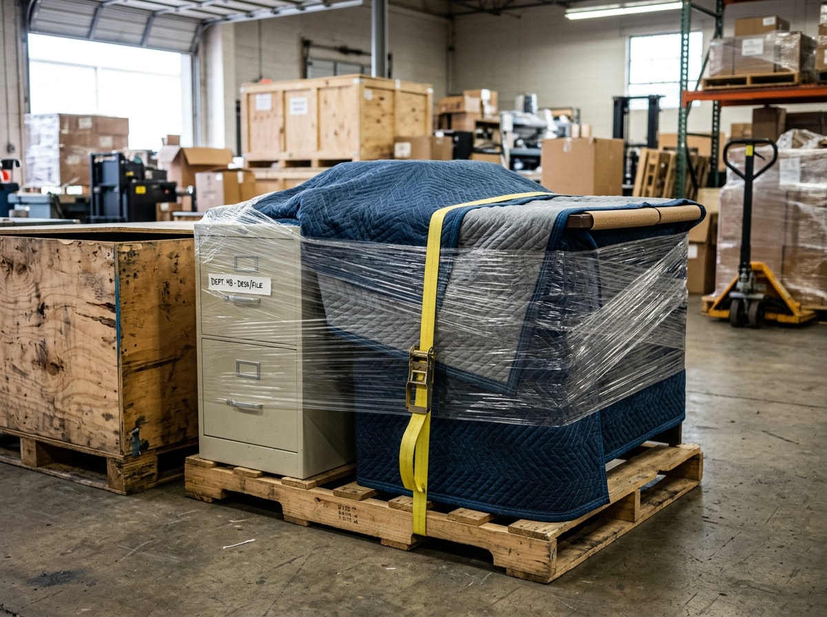 Moving crew wrapping and crating office furniture for a commercial relocation