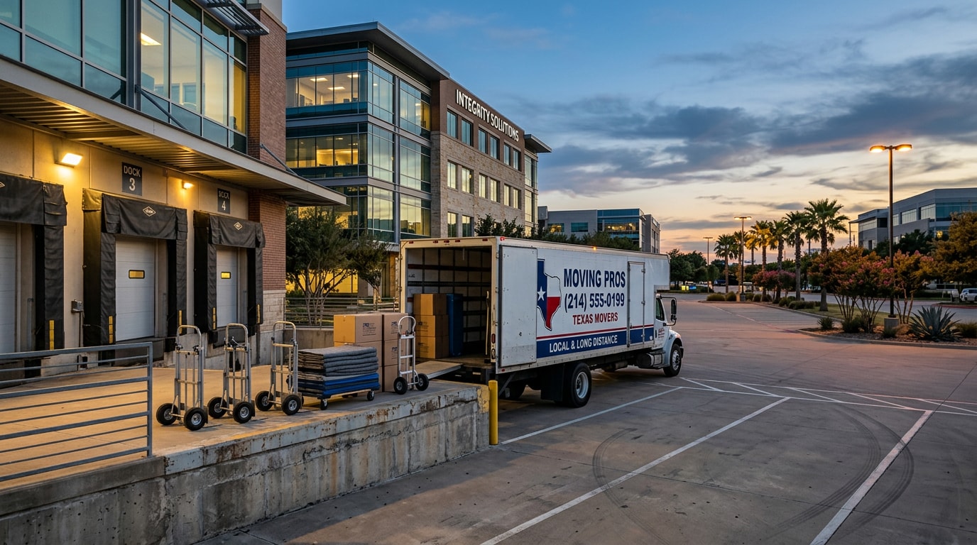 Commercial moving truck at an office building loading dock in Irving, TX Commercial moving truck at an office building loading dock in Irving, TX