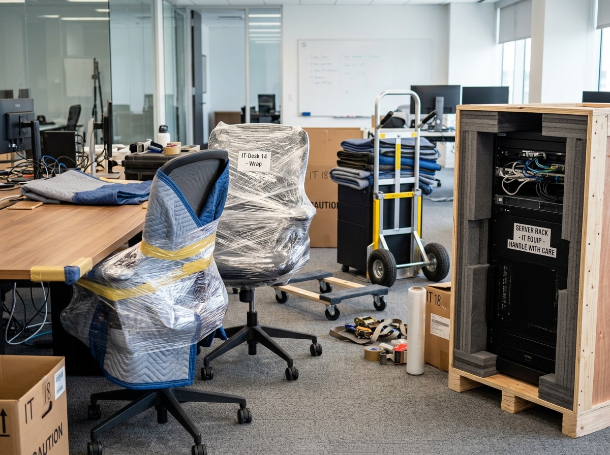 Movers carefully wrapping and loading office furniture and equipment onto a truck in Grand Prairie, TX