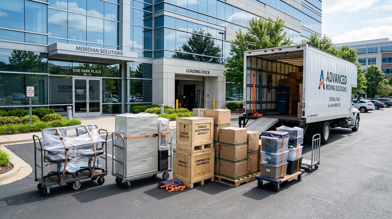 Office moving equipment and crated electronics staged outside a commercial building in Grand Prairie, TX Office moving equipment and crated electronics staged outside a commercial building in Grand Prairie, TX