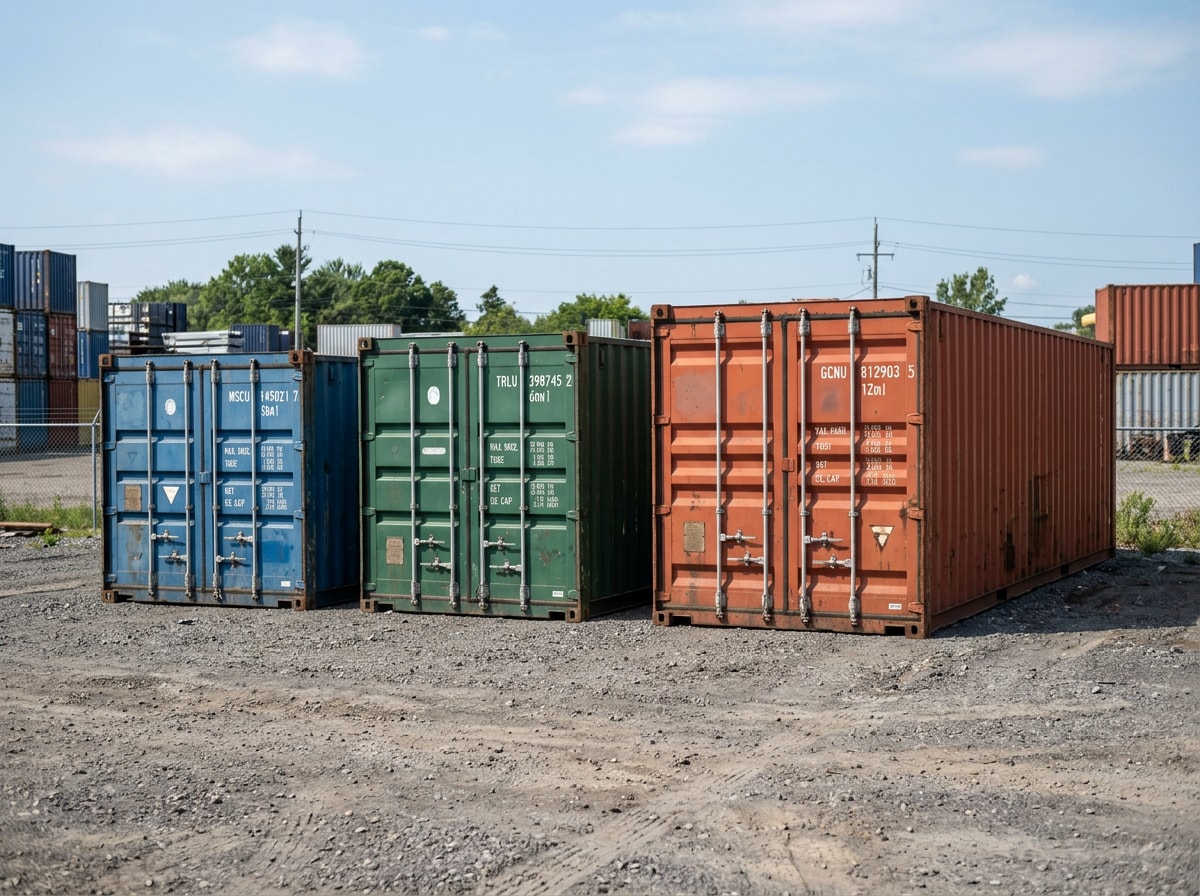 Three steel storage containers in 10, 20, and 40 foot lengths staged side by side outdoors
