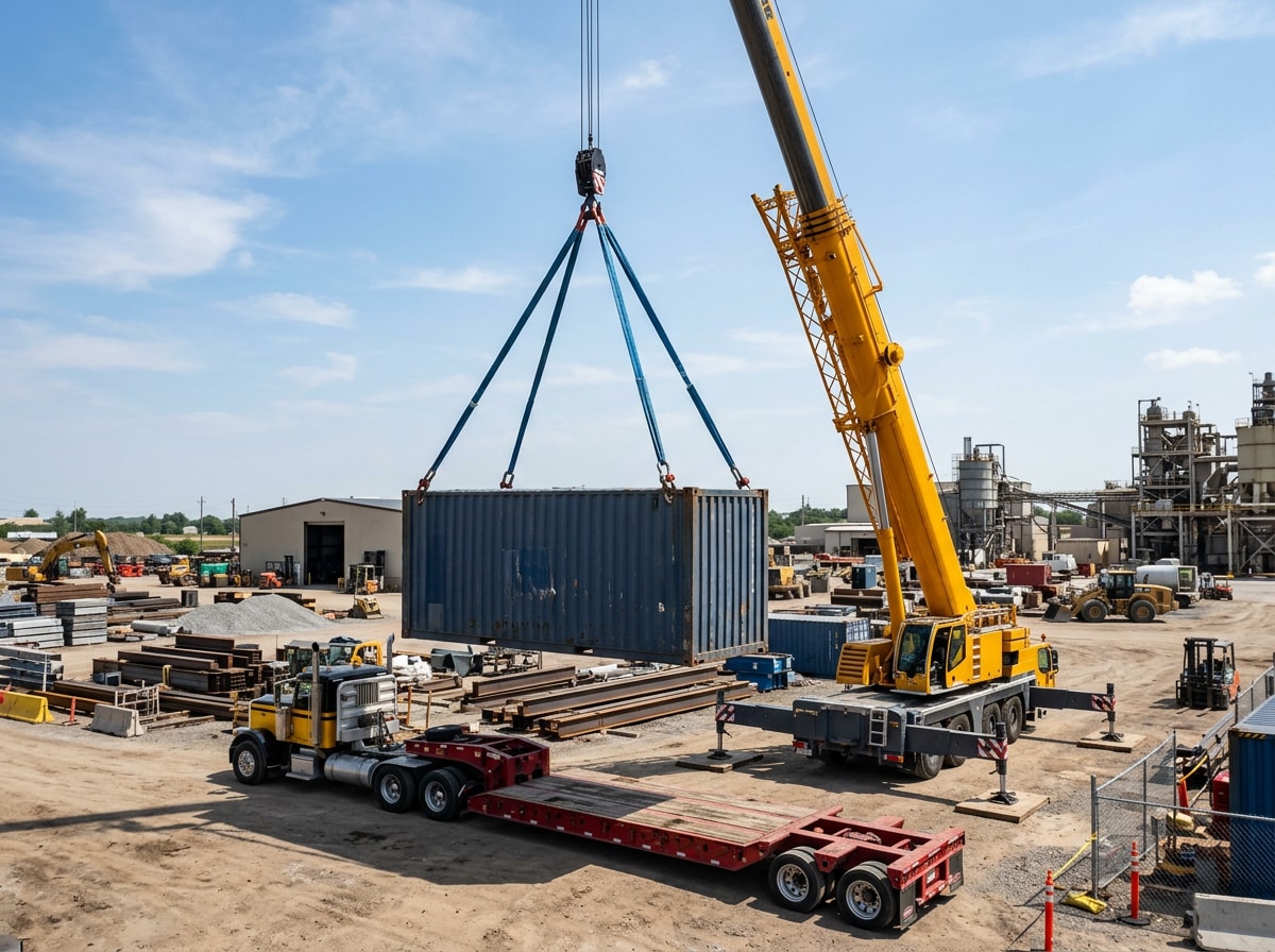 Crane lifting a steel storage container onto a flatbed trailer at a job site