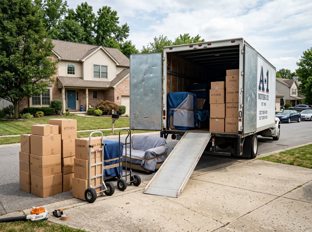 Moving crew loading boxes and furniture into a truck during a residential move in Grapevine, TX