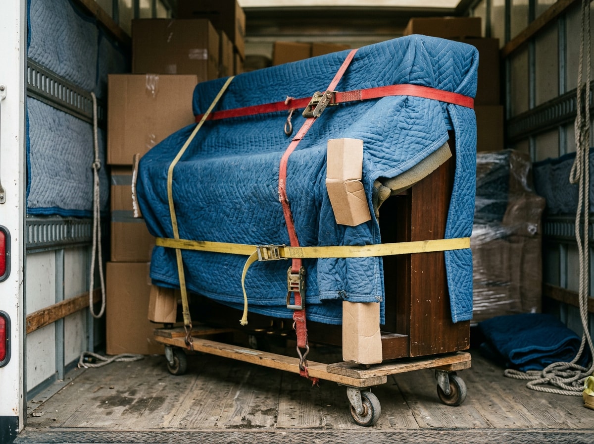 Professional movers carefully transporting a piano using a dolly and protective padding