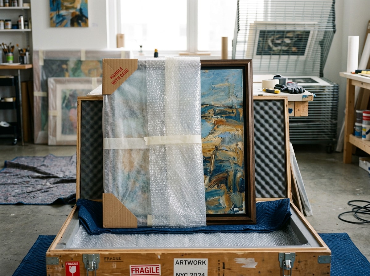 Art handler carefully wrapping and crating a framed painting for safe transport