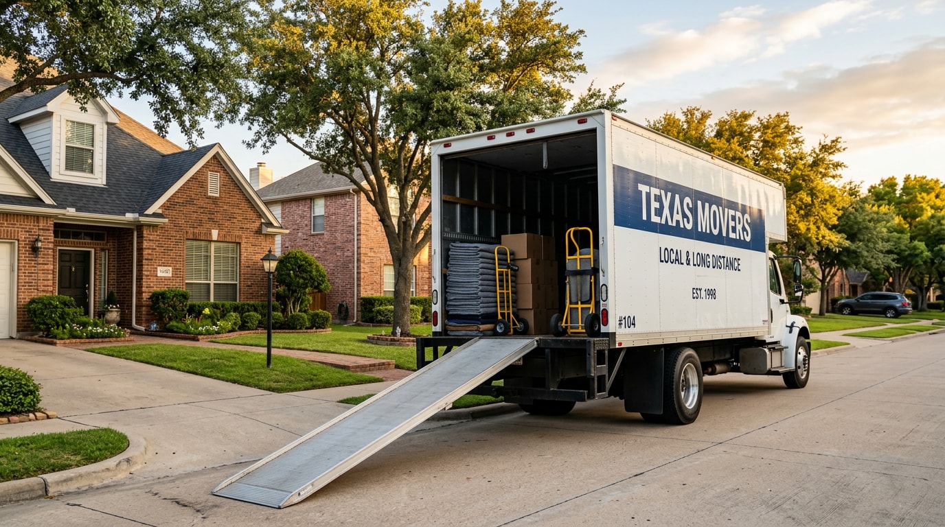 Professional moving truck parked outside a home in Grapevine, TX ready for a move Professional moving truck parked outside a home in Grapevine, TX ready for a move