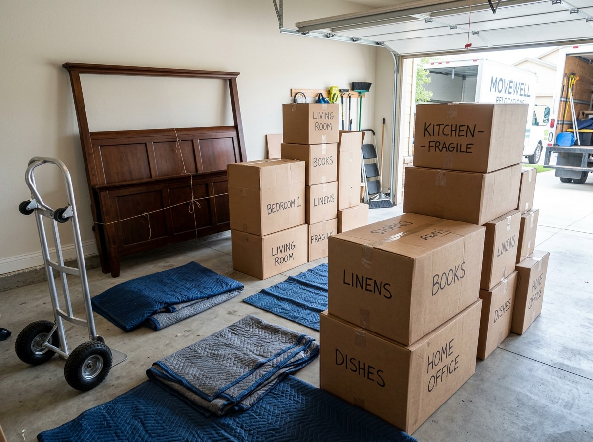 Moving crew unloading boxes and furniture from a rental truck in Irving, TX