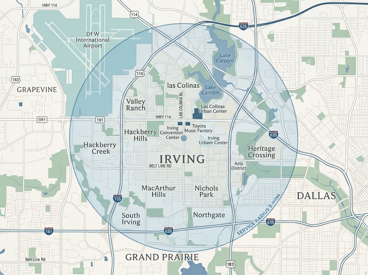 Service area map showing Irving, TX neighborhoods covered by local moving labor crews