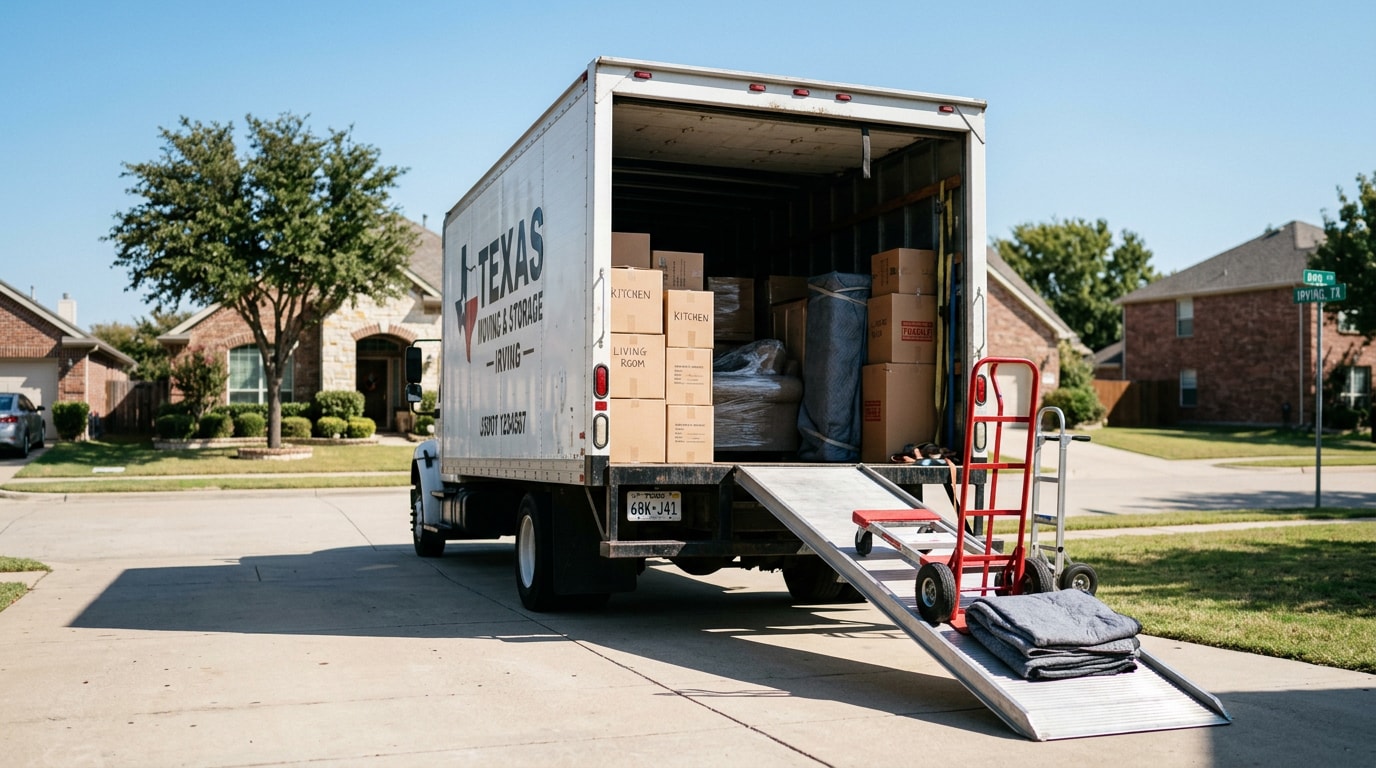 Open moving truck with ramp and dollies ready for unloading in Irving, TX Open moving truck with ramp and dollies ready for unloading in Irving, TX