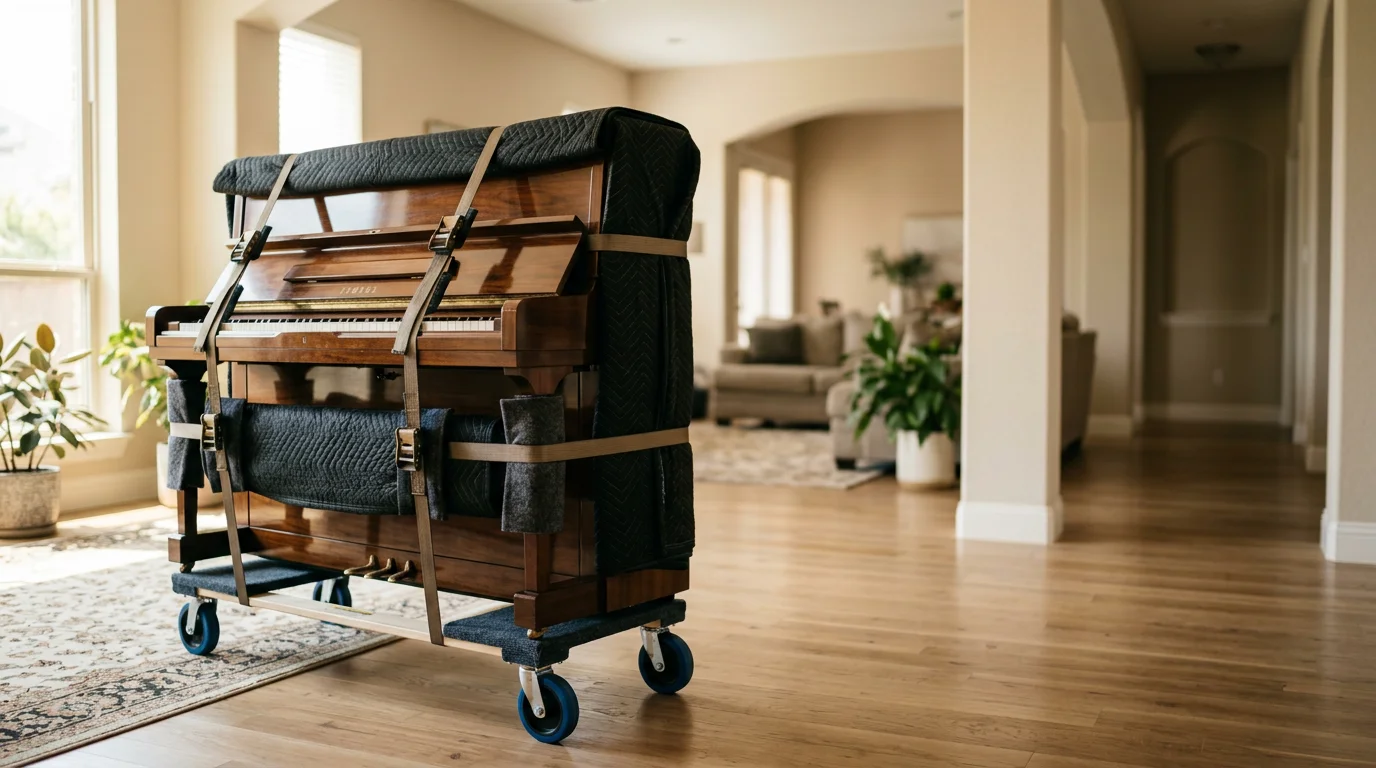 Professional movers carefully transporting a piano using specialized equipment
