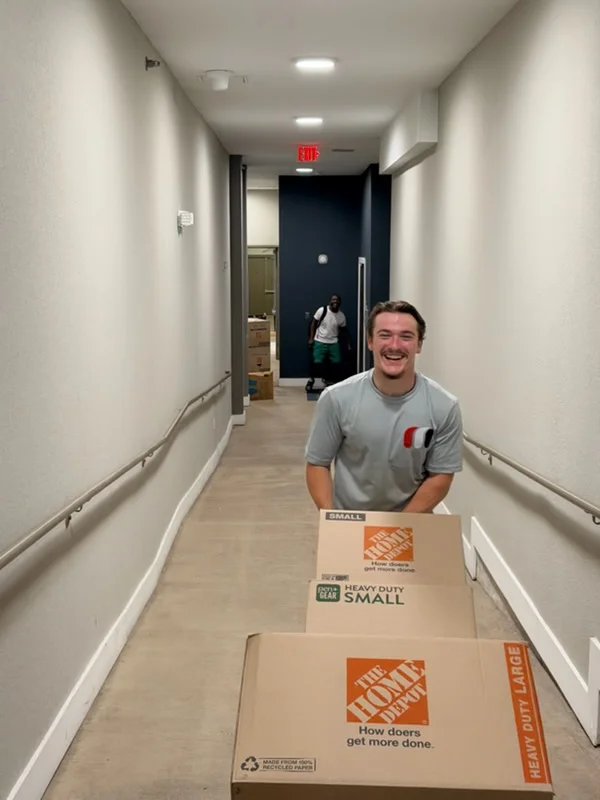 Moving crew carrying boxes through narrow white hallway with wood flooring and metal railings