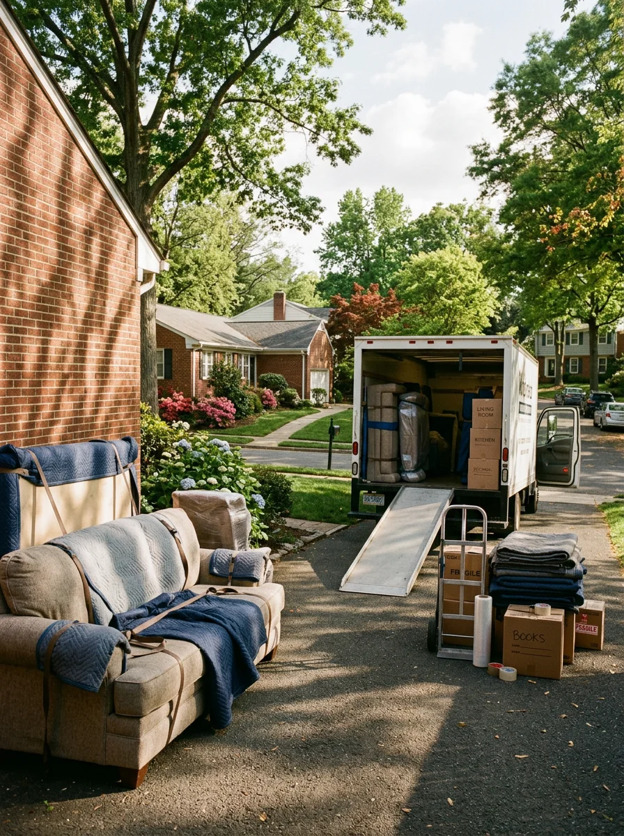 Moving crew loading padded furniture into a truck parked in front of a 1980s brick ranch home on a tree-lined Arlington street.