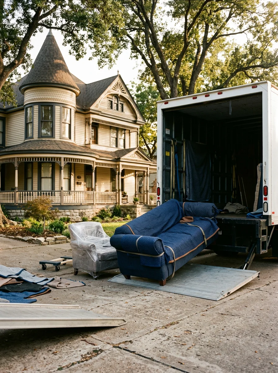 Movers carefully loading padded furniture into a truck in the driveway of a Queen Anne-style home in the Mira Lagos community of Grand Prairie, TX.