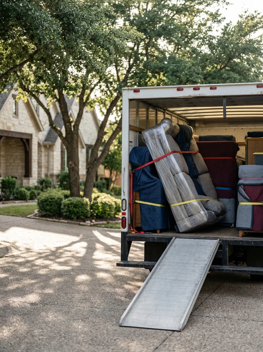 Movers loading padded custom furniture into a truck in the long driveway of a large-lot home in the Brook Meadows neighborhood of Colleyville, TX.