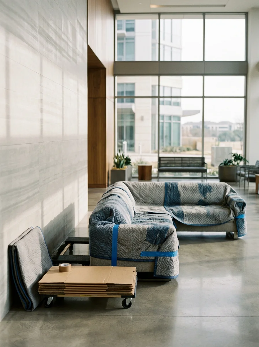 Padded moving blankets protecting a large sectional sofa in the lobby of a Las Colinas condo building in Irving, TX.