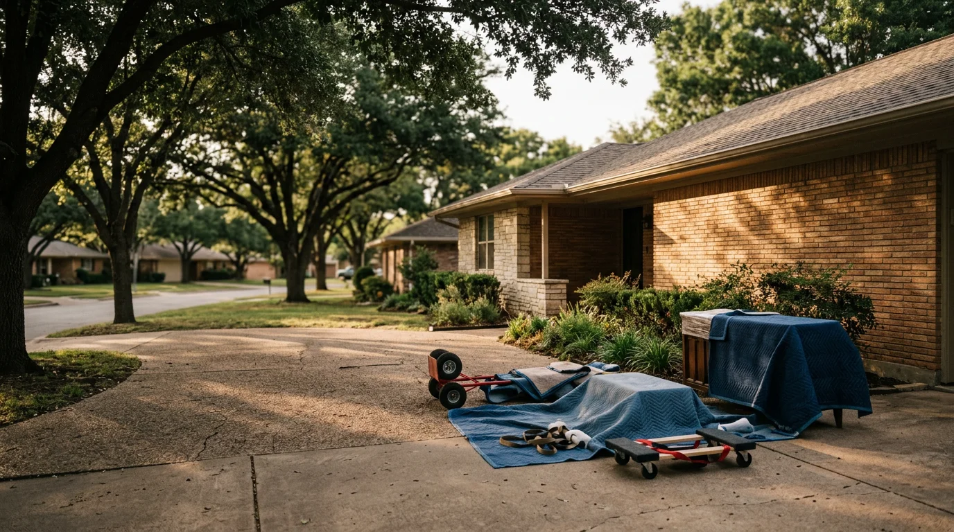 Moving crew wrapping furniture outside a mid-century brick ranch home in Irving, Texas, with a tree-lined street visible in the background.