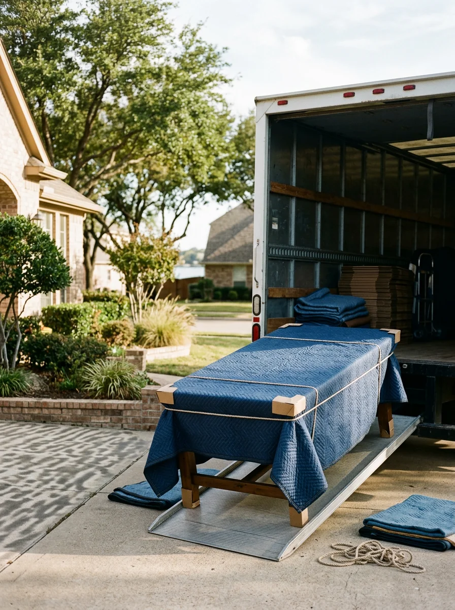 Padded moving blankets protecting a large wooden dining table being loaded into a truck outside a single-family home near Lake Lewisville, TX.